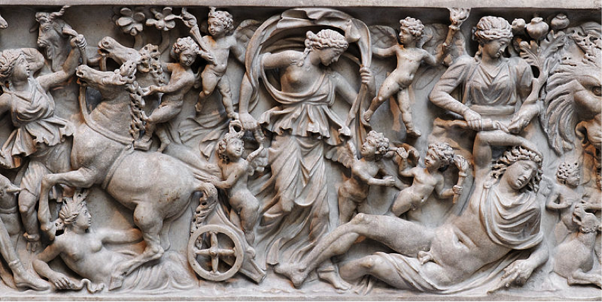 Sarcophage romain du IIIe s. ap. J.-C. (New York, Metropolitan Museum of Art, 47.100.4) : Endymion endormi visité par la déesse Séléné. Source : Wikimedia Commons.